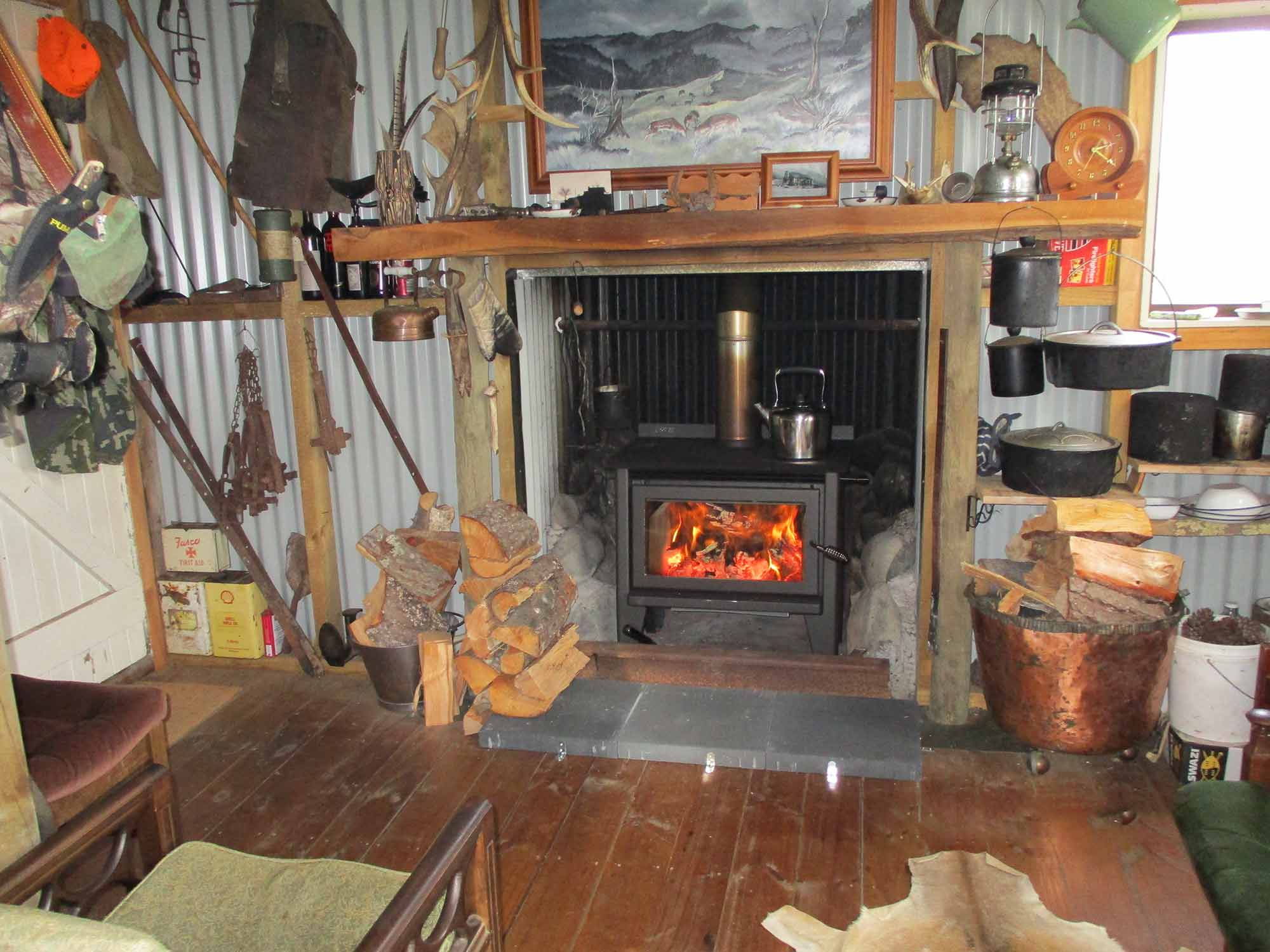 Fireplace inside the Fairmead Hunting Experience Totara Ridge Hut